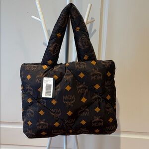 MCM Black Quilted Tote with Orange Accents